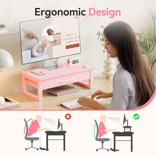 Desk Organizers and Accessories, Computer Monitor Stand Riser with Fabric Drawer, 2-Tier Laptop Stand for Desk, Office Organization Accessories, Pink - Image 2