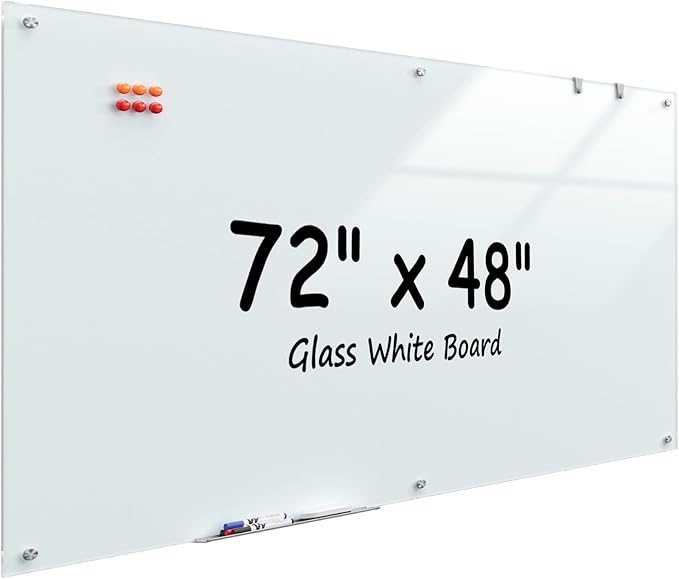 MaxGear Glass Whiteboard 72" x 48" Wall Mounted, Magnetic White Board by MaxGear