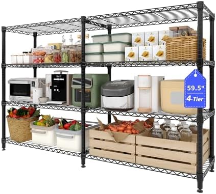 4 Tier Storage Shelving Unit Metal Shelves 70.8"W Wire Shelving, 59.5"H L-Shaped Pantry Shelves Kitchen Storage Shelves for Home Commercial Garage Heavy Duty, 70.8"W x 59.5"H x 15.8"D by Unknown