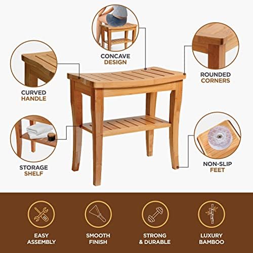Bamboo Shower Bench, Shower Stool Seat with Storage Shelf, Non Slip Feet - Image 4