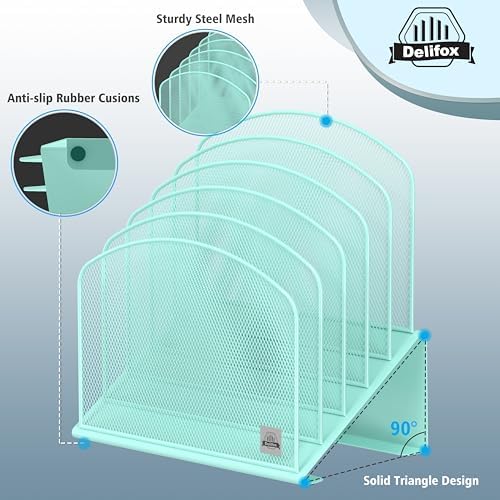 Delifox Inclined Desk File Organizer,Vertical File Folder Holder Stand Metal Rack File Sorter for Office Classroom Desktop Organization (1, Aqua, 5) - Image 3