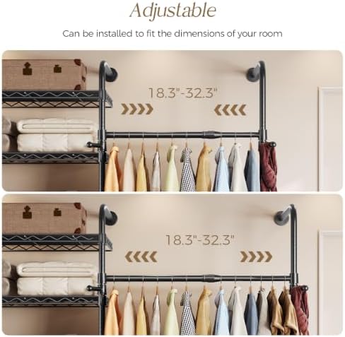 Closet Organizers Wall Mounted Closet System, 5-Row Heavy Duty Garment Clothes Rack, Industrial Pipe Clothing Rack with 4 Telescopic Rods, 3 Fixed Rods, 6 Hooks, 7 Shelves & 2 Pants Hangers for Rooms - Image 3