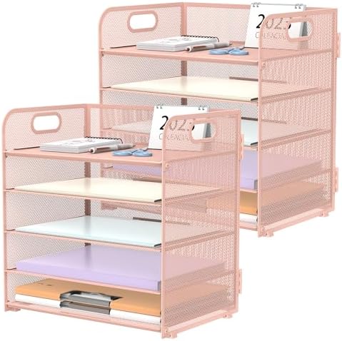 2 Pack 5-Tier Pink Desk Organizer with Handle Mesh Desk File/Paper Organizer Letter Tray for Office, School, Classroom and Home Easy Installation by SUPEASY