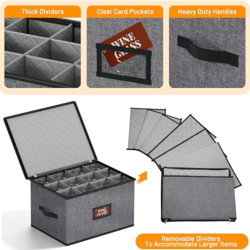 MISSLO Stackable Wine Glass Storage Box with Dividers Hard Shell Stemware Storage Containers for 12 China Crystal Glasses Drinkware, Moving Supplies, Grey - Image 6