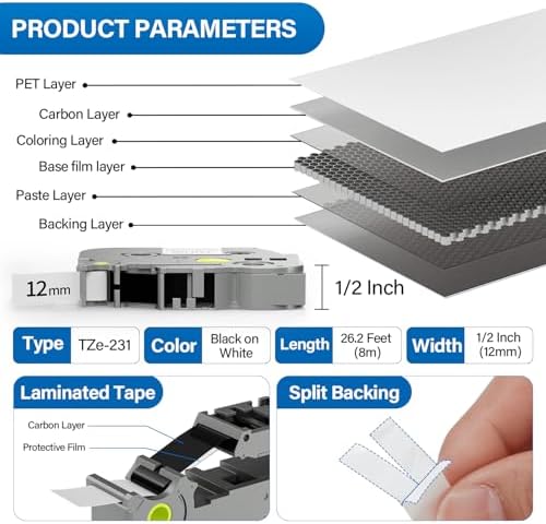 TZe-231 Label Maker Tape, 12 Pack 12mm 0.47 Inch Laminated Black on White Tape Refills, Compatible with PT-D210 PT-H110 PT-D220 PT-D400 PT-D410 PT-D460BT PT-D600 PT-P300BT PT-P700, 26.2 ft Each - Image 4