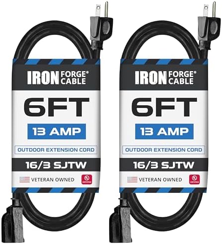 IRON FORGE CABLE 2 Pack of 6 Ft Outdoor Extension Cords - 16/3 Heavy Duty Black Extension Cord Pack by IronForgeCable