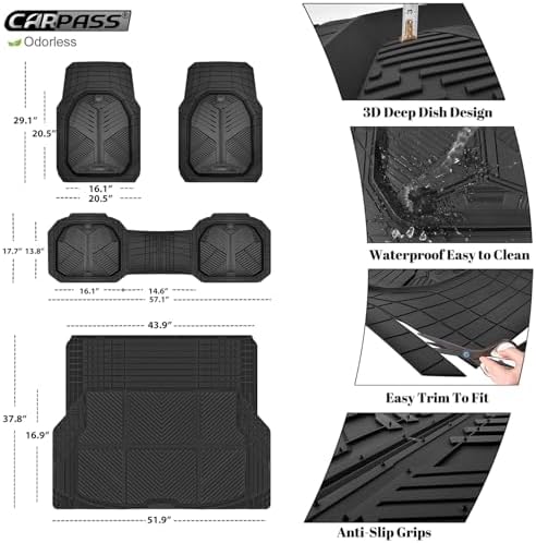 CAR PASS Heavy Duty Rubber Car Mats with Cargo Liner, Deep-Dish Car Floor Mats and Trunk Mat All Weather, Universal Trim-to-Fit for SUVs Trucks Sedans, Waterproof Anti-Slip, Trimmable V12 Black - Image 5