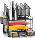 Marbrasse Desk Organizer with Drawer, 4-Tier Mesh File Organizer with 5 Vertical File Holders and 2 Pen Holders, Multifunction Desktop Organizer,Desk Organizers and Accessories for Home Office by Marbrasse