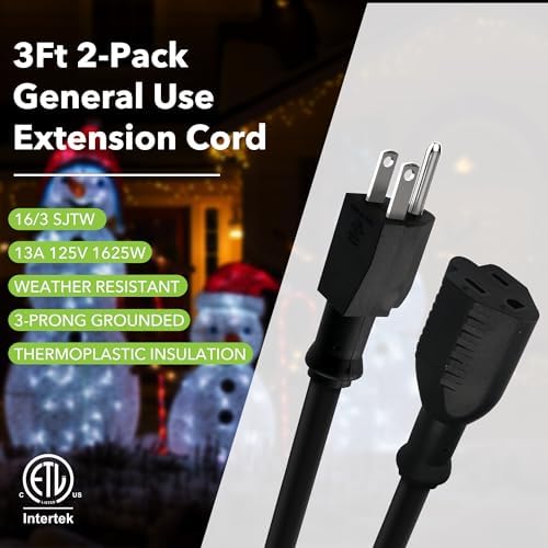 BN-LINK 3ft Indoor Outdoor Extension Cord 16/3 SJTW, 2 Pack, Black, PVC Cable Jacket, 3-Prong, Weather Resistant, Flame Retardant, Suitable for Indoor, Landscaping & Holiday Decorations, 13A ETL - Image 2