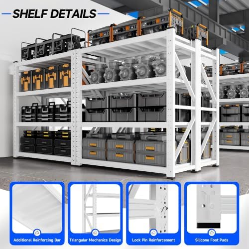 59" W Garage Storage Shelves,3000LBS Garage Shelving Heavy Duty Adjustable Shelving Unit,4 Tier Metal Utitly Shelves Industrial Shelving for Warehouses,Basement,White - Image 4