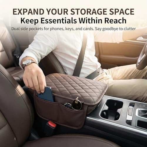 Car Center Console Cover, Leather Car Arm Rest Cover, Middle Console Covers with Storage Bags, Auto Interior Armrest Covers Cushion, Universal for Most Vehicles (Brown) - Image 4