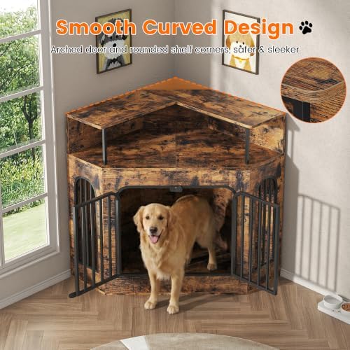 kepptory 46" Corner Dog Crate Furniture, Space Saving Wooden Dog Kennel with TV Stand & Side Table, 200 lbs Weight Capacity, Pet Cage with Secure Lock, Easy Assembly Indoor Crate - Image 4