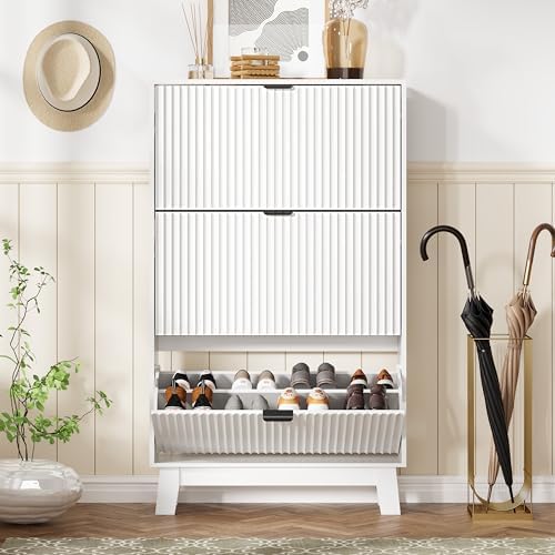Shoe Cabinet Storage for Entryway with 3 Flip Drawers, Fluted Narrow Shoe Organizer with Wooden Legs, Freestanding Slim Shoe Storage Hidden Shoe Rack Organizer for Front Door Entrance, Hallway, White - Image 3