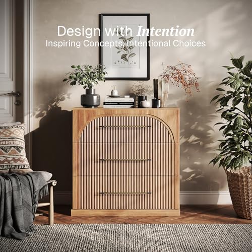 BELLEZE Bookcase with 3 Drawers, Modern Book Shelf with Metal Handle, Wood Bookshelves for Living Room Office Entryway (Camel) - Image 3