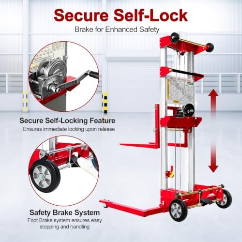 122" Material Lift Winch Stacker, 400 lbs Capacity Manual Material Lifts, Adjustable Straddle Material Lifter, Hand Winch Lift Trucks for Warehouse, Factory, Lightweight, 42.90"L x 43.30"W, Red - Image 3