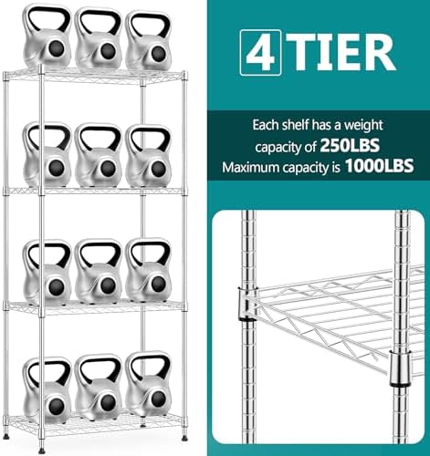 IZEUK 4-Tier Chrome Metal Storage Shelves, Adjustable Wire Shelving Unit Organizer for Kitchen, Bathroom, Home, 1000 lbs, 13.7" D x 23.6" W x 53.4" H - Image 3