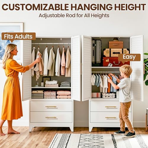 Metal Armoire Wardrobe Closet, 71" Clothing Storage Cabinets with Adjustable Hanging Rod and Shelves , Louvered Doors, 2 Side Hooks & 2 Drawers - Closet Cabinet for Bedroom, Laundry Room, Cloak Room - Image 4