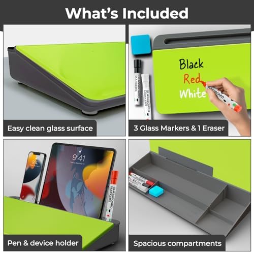 Chalkola Neon Green Glass Desktop Whiteboard with Storage - Dry Erase Board - Image 3