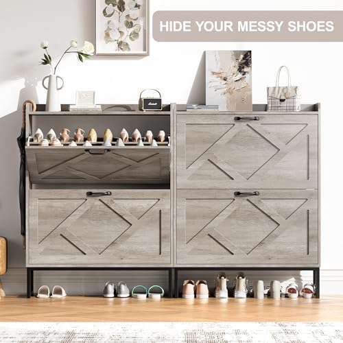 Nicetree Shoe Storage Cabinet with 2 Flip Drawers, Freestanding Shoe Organizer, Shoe Cabinet with Metal Legs, Narrow Shoe Rack Cabinet, Farmhouse Slim Shoe Cabinet for Entryway, Hallway, Rustic Gray - Image 5
