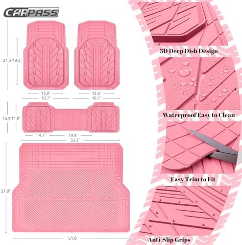 CAR PASS Floor Mats for Cars M-L Size, Heavy Duty Rubber Floor Mats with Trunk Cargo Liner, Universal Trim-to Fit Automotive Floor mats for Truck Van SUV Waterproof All Weather Car Mats All Pink - Image 3