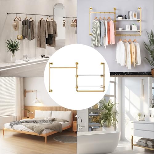 Industrial Pipe Clothing Rack Wall Mounted with 2 Wood Shelves, Heavy Duty Double Rod Garment Rack for Bedroom, Laundry Room & Retail Store, Gold, 59 Inch - Image 6
