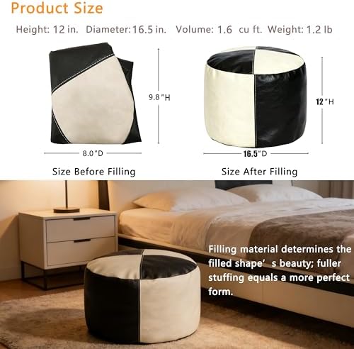 Thgonwid Unstuffed Faux Leather Pouf Cover, Handmade Footstool Ottoman Storage Solution, Floor Footrest Cushion - 16.5”Dx12”H, Black & White - Image 3