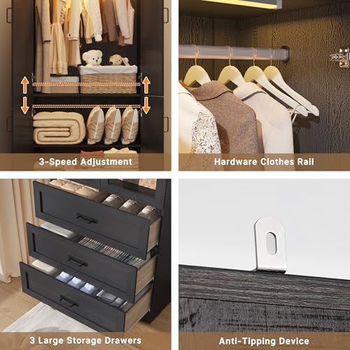 75" Tall Farmhouse 4 Doors Armoire Wardrobe Closet with 3 Drawers and LED,Freestanding Closet Wardrobe Cabinet for Bedroom with Hanging Rod,Wooden Armoire Storage Cabinet with Adjustable shelve(Black) - Image 7