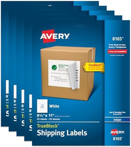 Avery Full-Sheet Printable Shipping Labels, 8.5" x 11" Customizable Stickers, White, 125 Blank Mailing Labels Total, Great for Mailing, Shipping, Organizing, and More (5-Pack of 8165) by Avery
