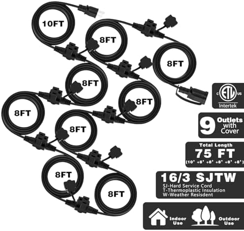 K KASONIC Outdoor Extension Cord 75 FT, Evenly Spaced 9 Outlets, Black - Image 2