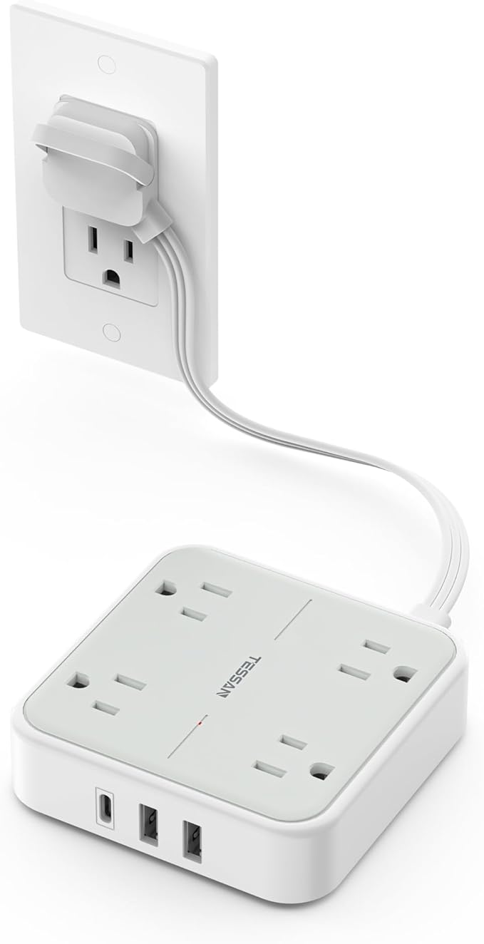 TESSAN Surge Protector Power Strip, 1 Ft Ring Pull Short Extension Cord by TESSAN