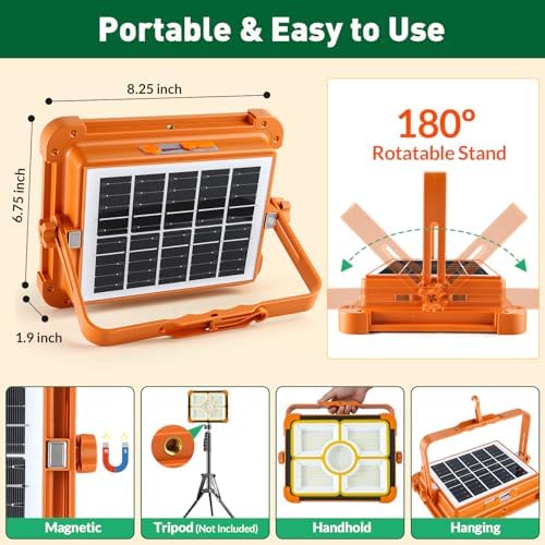 2-Pack Solar Rechargeable Work Light, 12000LM Portable Work Light with 12000mAh Battery, LED Flood Lights with 5 Modes, Outdoor Waterproof Job Site Lighting for Camping Repair Emergency Fishing - Image 6