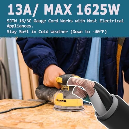 Indoor Outdoor Extension Cord 25 FT Waterproof, 16/3 Gauge Heavy Duty Black Extension Cords, 13A 1625W SJTW Extension Cord with 3 Prong Grounded Plug, Great for Tools, Lights, UL Listed. - Image 6