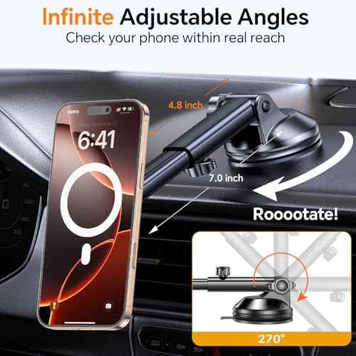Coolpow for MagSafe Car Mount【Windshield+Vent+Dash】Magnetic Phone Holder for Car Phone Holder Mount Cell Phone Holders for Your Car Accessories Suction Phone Mount for Car Truck Stand for iPhone 17 16 - Image 7