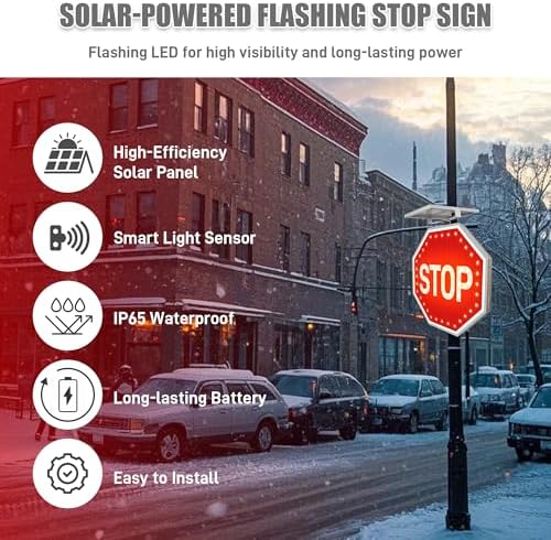 24" Solar Stop Sign with LED Flashing Lights, Traffic Street Road Stop Warning Sign Solar Powered with Aluminum Frame and Engineered Reflective film, High Visibility & IP65 Wateproof for Outdoor - Image 6