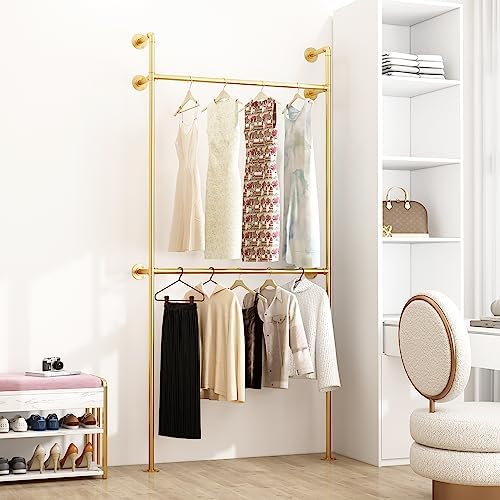 ORSENIGO Industrial Pipe Clothing Rack, Heavy Duty Metal Clothes Rack with Double Rods for Hanging Clothes, Wall Mount Space-Saving Garment Display Rack - Image 2