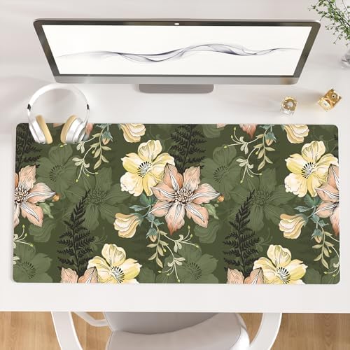 Faux Leather Large Mouse Pad, Office Desk Mat, 31.5"x15.7", Bold Flowers by ColorfulStar