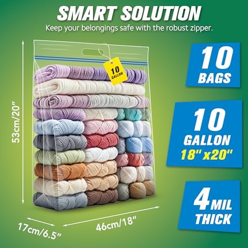 HIBAG 10 Gallon Large Storage Bags, 18” x 20” Resealable Clear Bags with Handle, Extra Large XL Heavy Duty for Clothes Pillow Travel Moving, Pack of 10 - Image 2