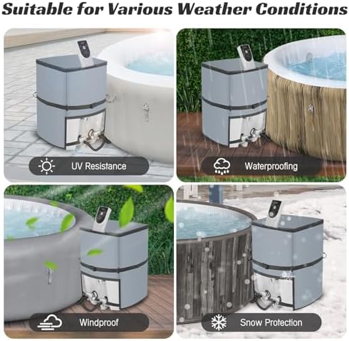 Hot Tub Pump Cover, Waterproof Insulated Heater Protection for Inflatable Spa Equipment, 600D Oxford Fabric Weather Shield Compatible with SaluSpa Coleman Bestway Outdoor Accessories,Grey,Square - Image 7