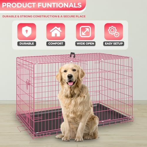 FDW | 48" Foldable Metal Dog Crate | Pink | Cage for XL Dogs - Image 2