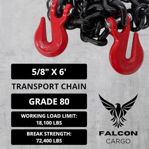 4PK Falcon Cargo 5/8" X 10' Grade 80 Transport Binder Chain - 18,100 LBS WLL - Clevis Grab Hook, Tie-Down, Towing - Image 2