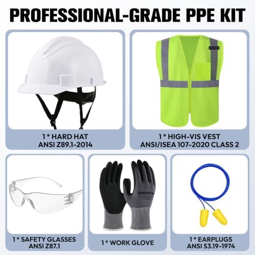 PPE Kit, Hard Hat, Safety Vest & Glasses, Work Gloves, Earplugs - Image 2