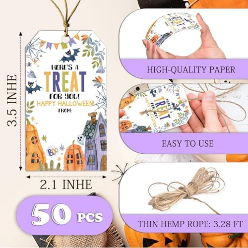 Halloween Paper Gift Tags with String-50Pcs, Here's A Treat for You Happy Halloween Tags for Goodie Bags, 2 x 3.5 Inch Writable Waterproof Hanging Labels for Decor Party Supplies, Gift Wrapping-B07 - Image 2