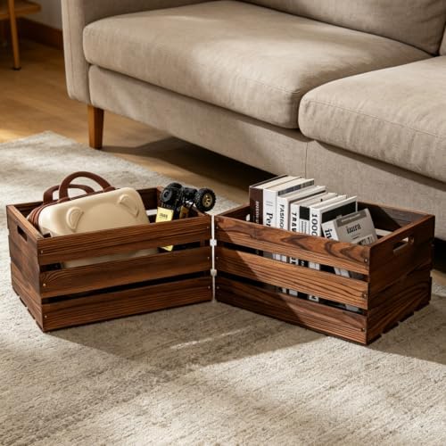 Rustic Wooden Crates with Handles, Dark Brown Wood Storage Crates - Image 4