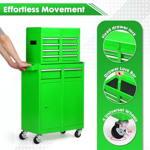 Dawmilon 5-Drawer Rolling Tool Chest, 2-in-1 Tool Box Organizer with Lockable Wheels, Sliding Drawers, and Detachable Top, Garage Workshop Tool Storage Cabinet, Green - Image 5