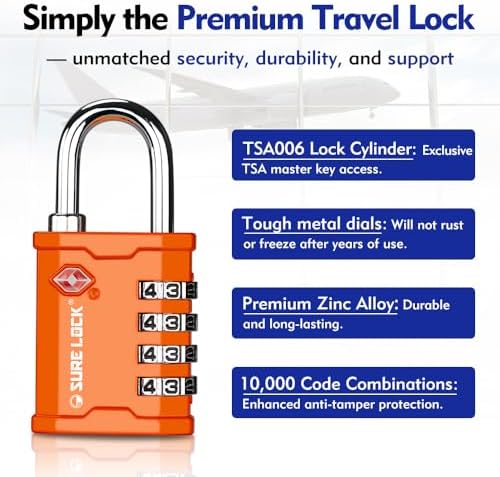 SURE LOCK TSA Accepted 4 Dig Heavy Duty Big Combination Luggage Padlock All Metal Travel Lock for Equipment Hard Case Luggage Gun Case Gym Locker Pelican Vault Lock (1, Orange) - Image 5