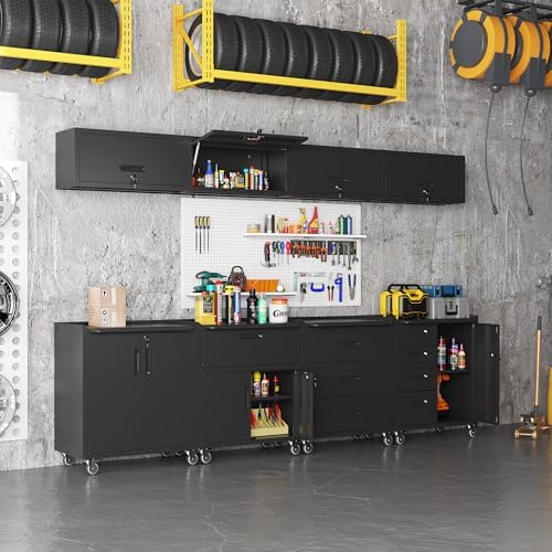 Black Garage Storage Cabinets System 8 PCS Workshop Set with Drawers Locking Heavy Duty Rolling Cart with Adjustable Shelves Garage Tool Workbench Cabinets,8pcs-1 - Image 2