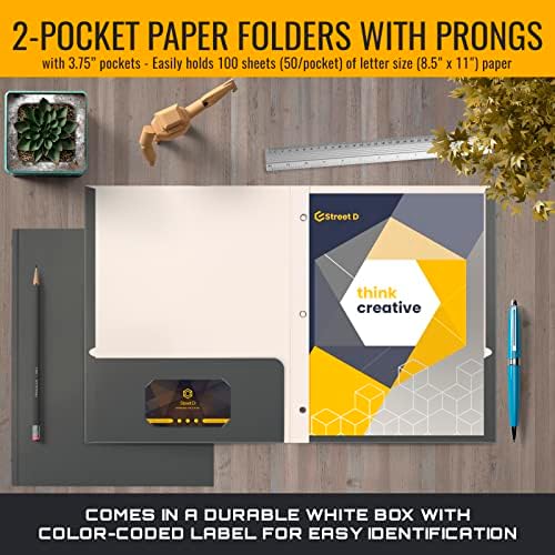 Better Office Products Gray Paper 2 Pocket Folders with Prongs, Matte Texture, Letter Size Paper Folders, 50 Pack, with 3 Metal Prong Fastener Clips, Gray - Image 2