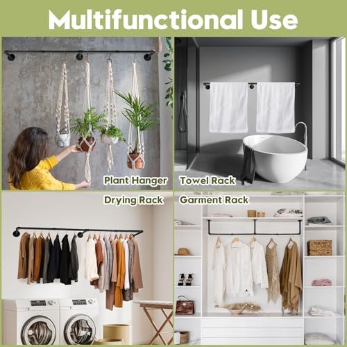 Industrial Pipe Clothing Rack, 66.1" Wall Mounted Clothes Rack Set of 2, Heavy Duty Closet Rod for Hanging Clothes, Space-Saving Detachable Iron Wall Garment Bar 3 Base - Image 7