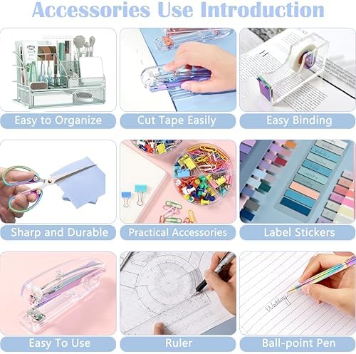 Dream Color Desk Accessories, Office Desk Organizers and Accessories Supplies with Mesh Desk Organizer, Tape Dispenser, Stapler, Staples, Ballpoint Pen, Clips Set, Ruler, Scissor, Sticky Tabs - Image 5