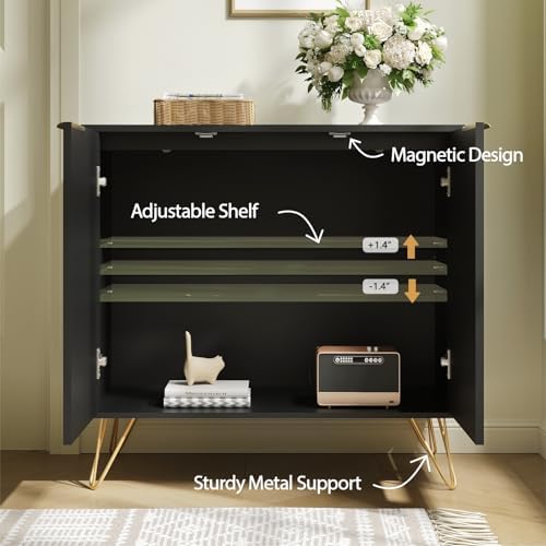 Storage Cabinet with 2 Fluted Doors and Adjustable Shelves, Black, 3pcs丨Modern Wood Accent Table, Sideboard Buffet Cabinet, Console Table for Living Room, Hallway, Entryway - Image 5